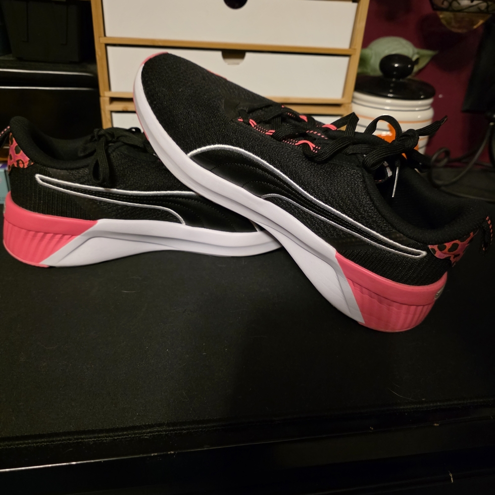 Puma Women's Black Sneakers with Pink Logo Accents, Size 9.5